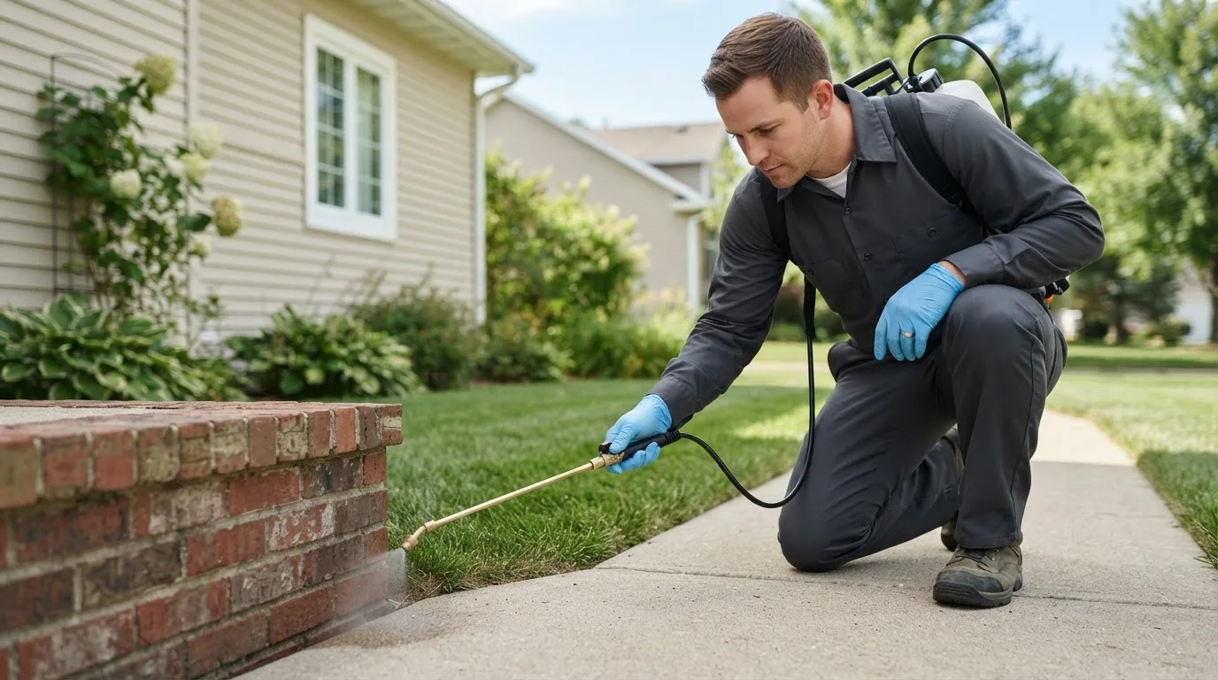 Pest control technician treating a home near Omaha, IL