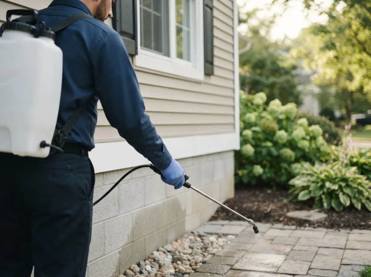 Pest control technician inspecting a home in Omaha, IL